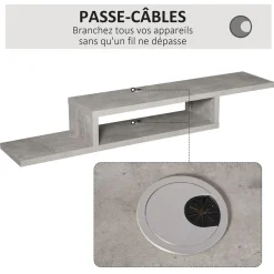 Meuble TV mural flottant design - étagère murale flottante - niche, passe-fils - panneaux particules effet béton ciré