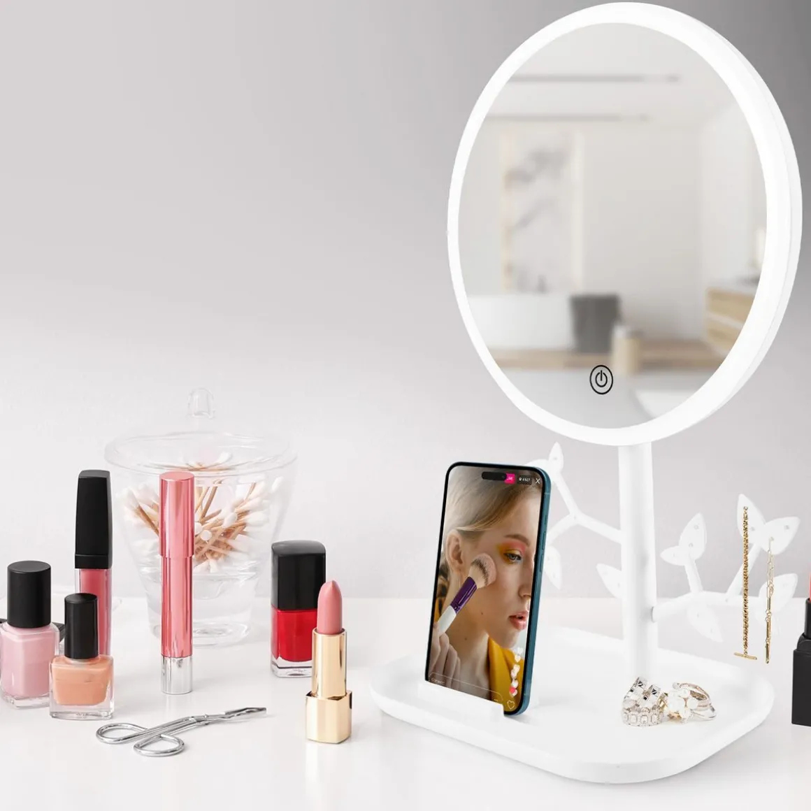 Miroir de table LED avec porte-bijoux MIZO - Blanc