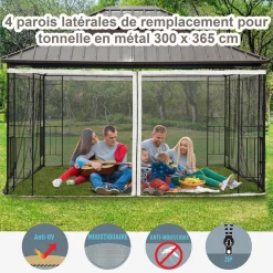 Moustiquaires pour tonnelle barnum pavillon de jardin 3 x 3,65 m - lot de 4 moustiquaires zippées + crochets d'attaches - polyester nylon
