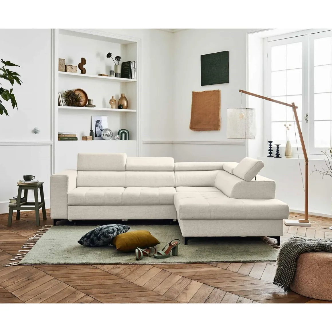 Olinda - canapé d'angle droit - 5 places - convertible avec coffre et têtières réglables - en tissu