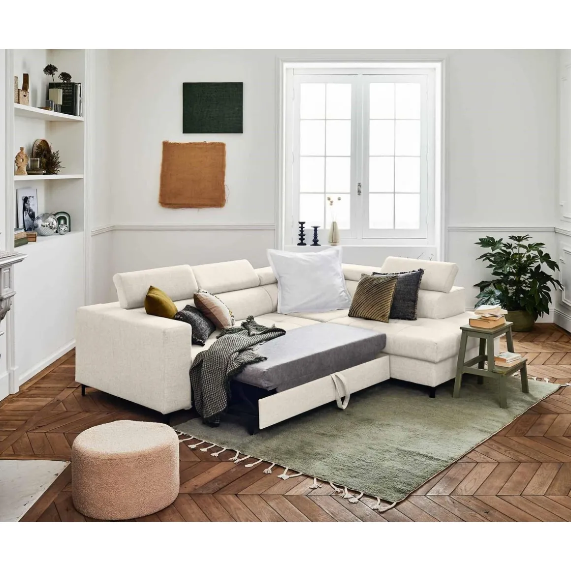 Olinda - canapé d'angle droit - 5 places - convertible avec coffre et têtières réglables - en tissu