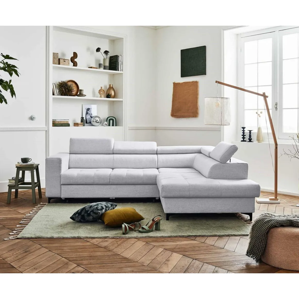 Olinda - canapé d'angle droit - 5 places - convertible avec coffre et têtières réglables - en tissu