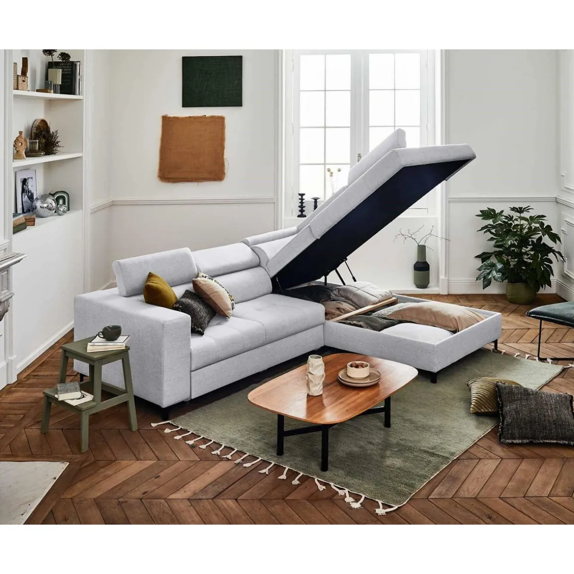 Olinda - canapé d'angle droit - 5 places - convertible avec coffre et têtières réglables - en tissu