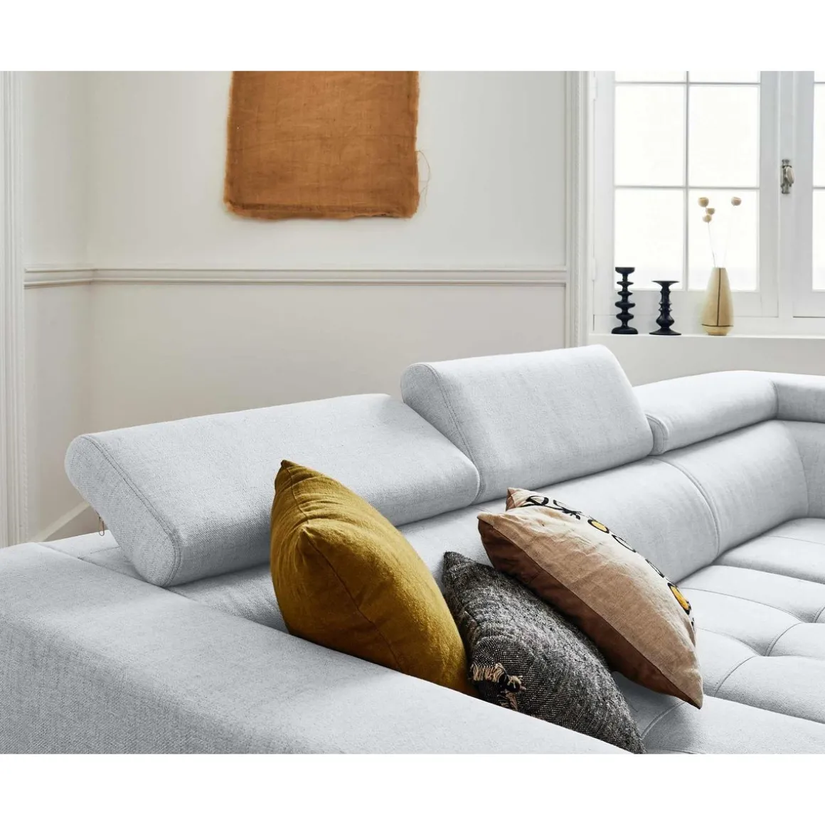 Olinda - canapé d'angle droit - 5 places - convertible avec coffre et têtières réglables - en tissu