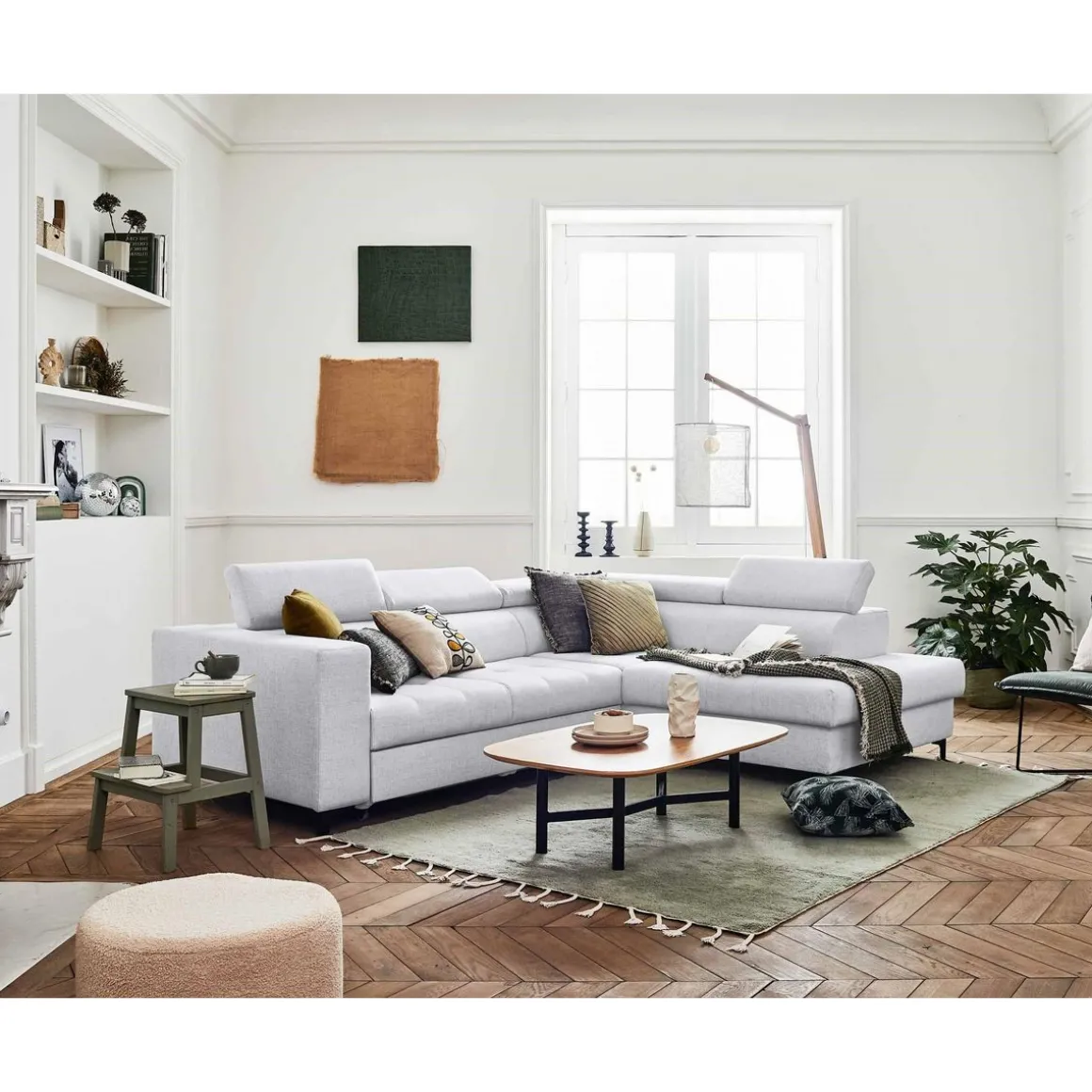 Olinda - canapé d'angle droit - 5 places - convertible avec coffre et têtières réglables - en tissu