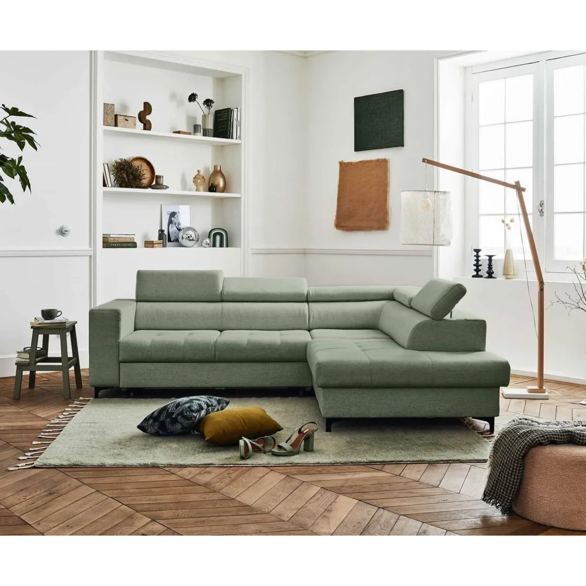 Olinda - canapé d'angle droit - 5 places - convertible avec coffre et têtières réglables - en tissu