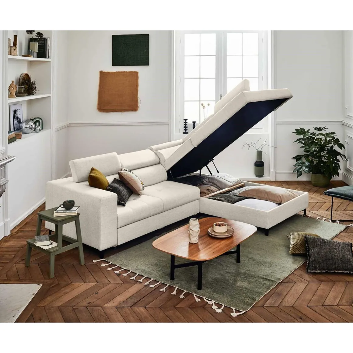 Olinda - canapé d'angle droit - 5 places - convertible avec coffre et têtières réglables - en tissu
