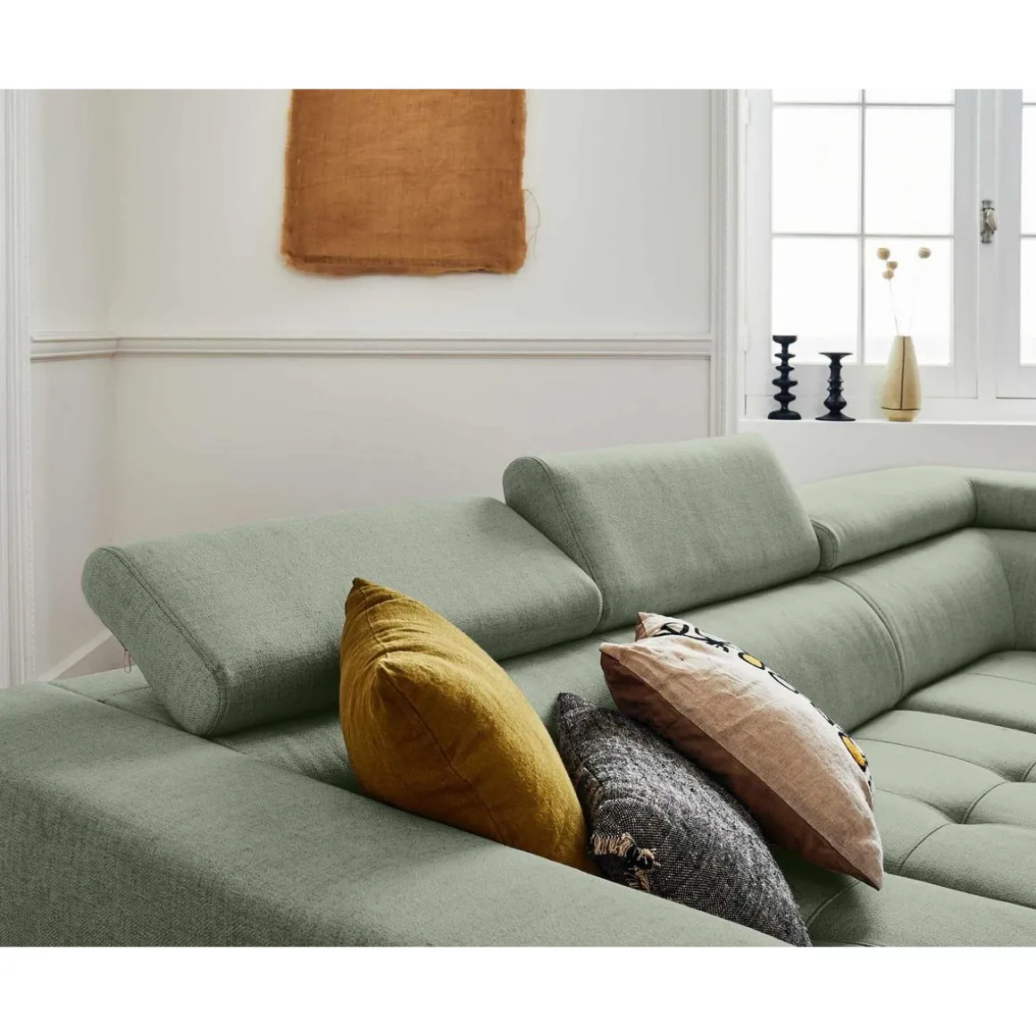 Olinda - canapé d'angle droit - 5 places - convertible avec coffre et têtières réglables - en tissu