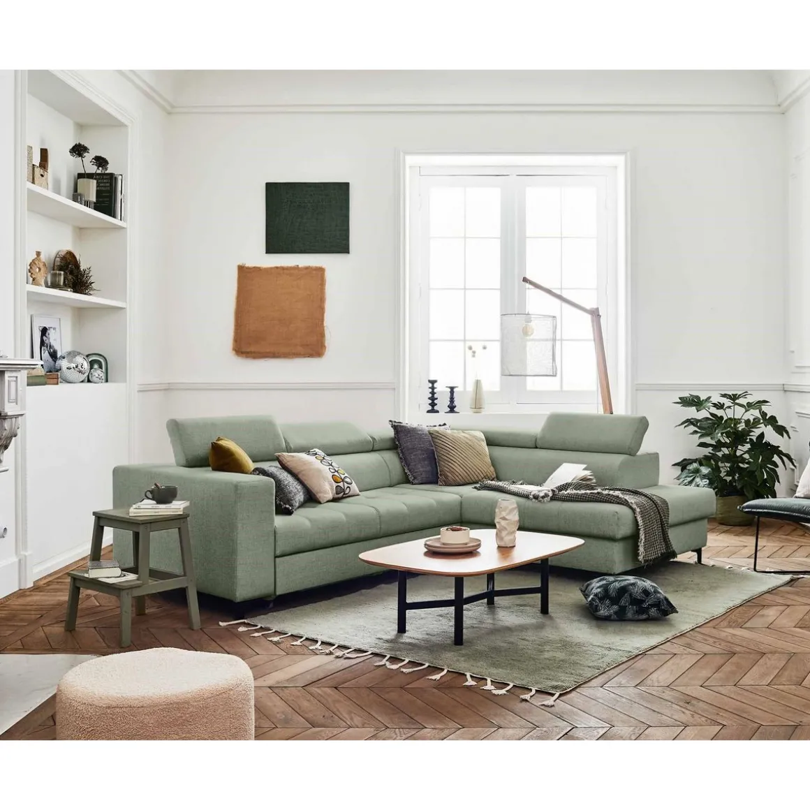 Olinda - canapé d'angle droit - 5 places - convertible avec coffre et têtières réglables - en tissu