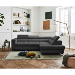 Olinda - canapé d'angle droit - 5 places - convertible avec coffre et têtières réglables - en tissu