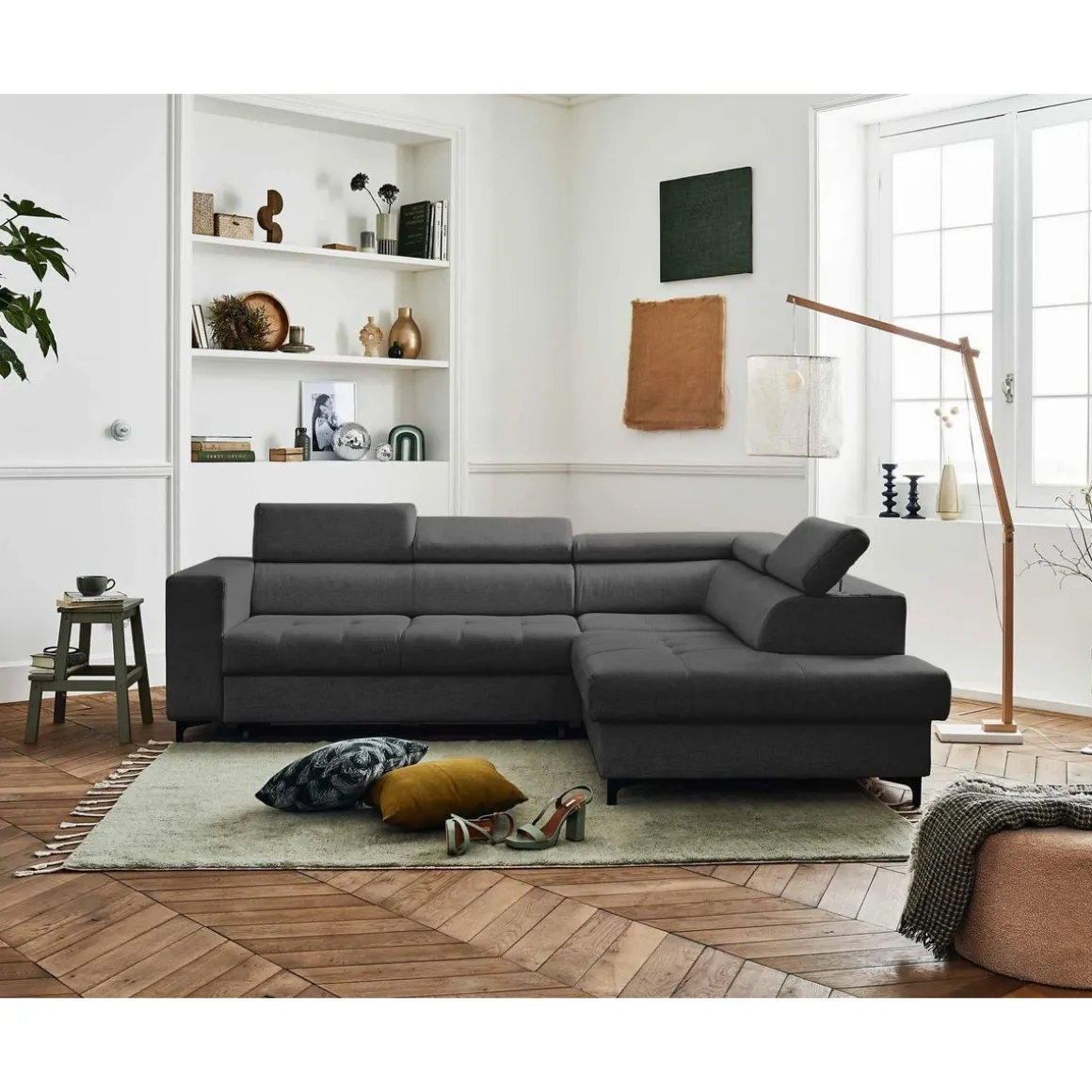 Olinda - canapé d'angle droit - 5 places - convertible avec coffre et têtières réglables - en tissu