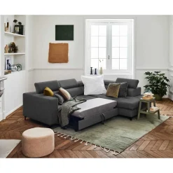 Olinda - canapé d'angle droit - 5 places - convertible avec coffre et têtières réglables - en tissu