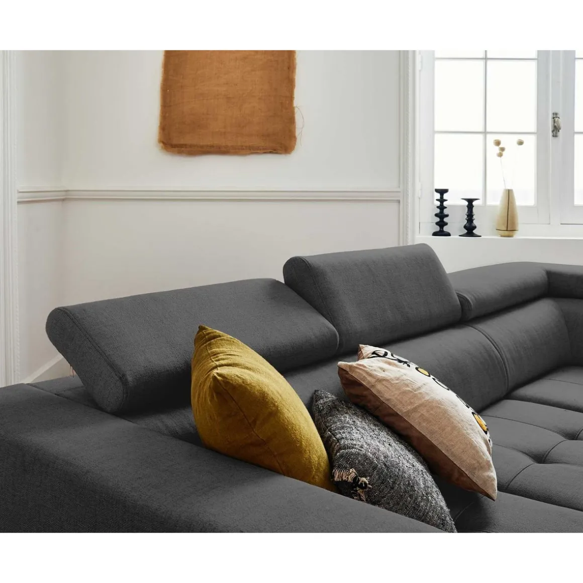 Olinda - canapé d'angle droit - 5 places - convertible avec coffre et têtières réglables - en tissu