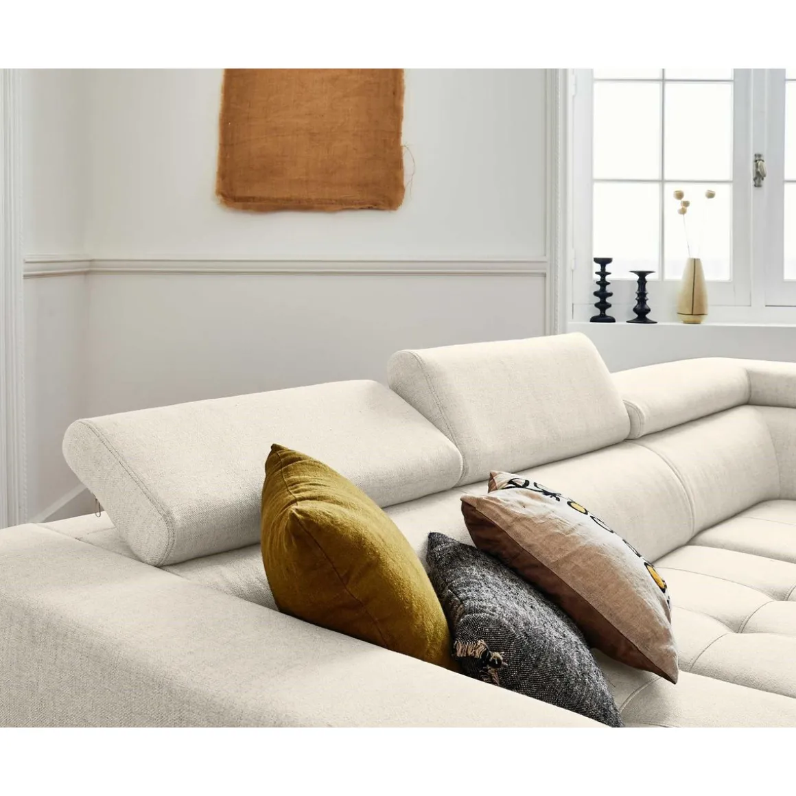 Olinda - canapé d'angle droit - 5 places - convertible avec coffre et têtières réglables - en tissu