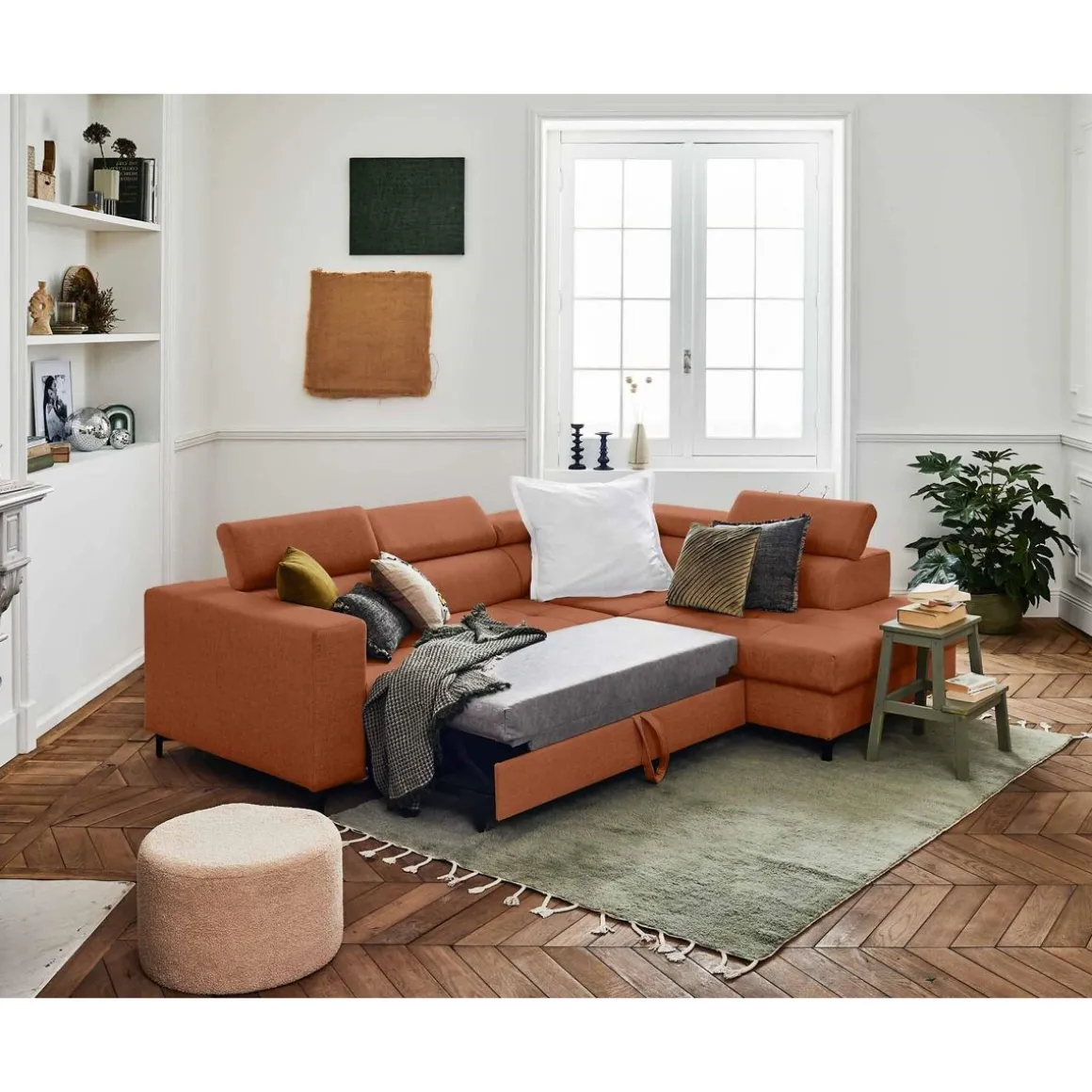 Olinda - canapé d'angle droit - 5 places - convertible avec coffre et têtières réglables - en tissu