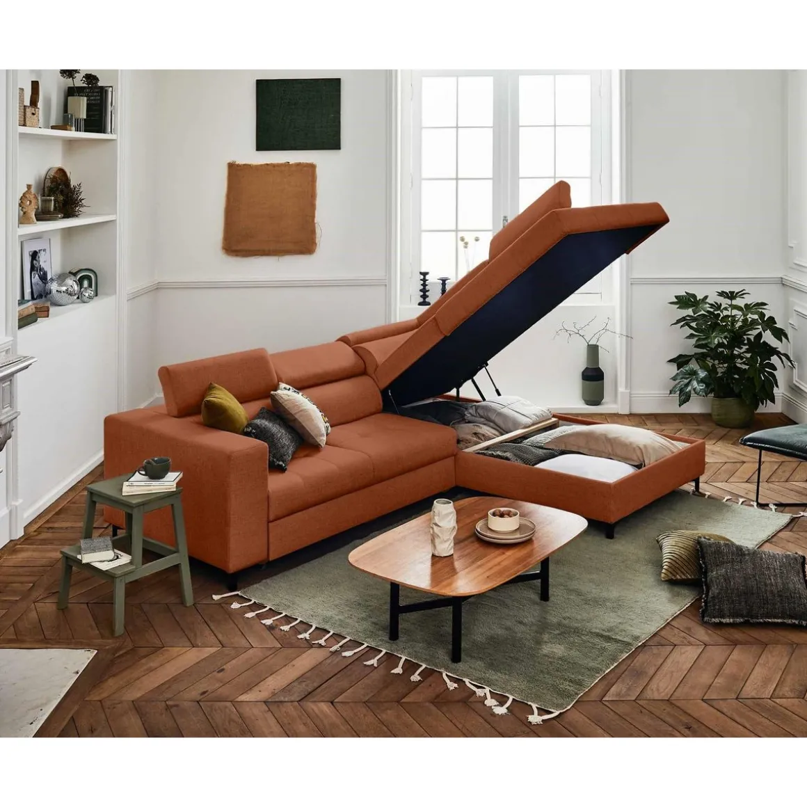 Olinda - canapé d'angle droit - 5 places - convertible avec coffre et têtières réglables - en tissu