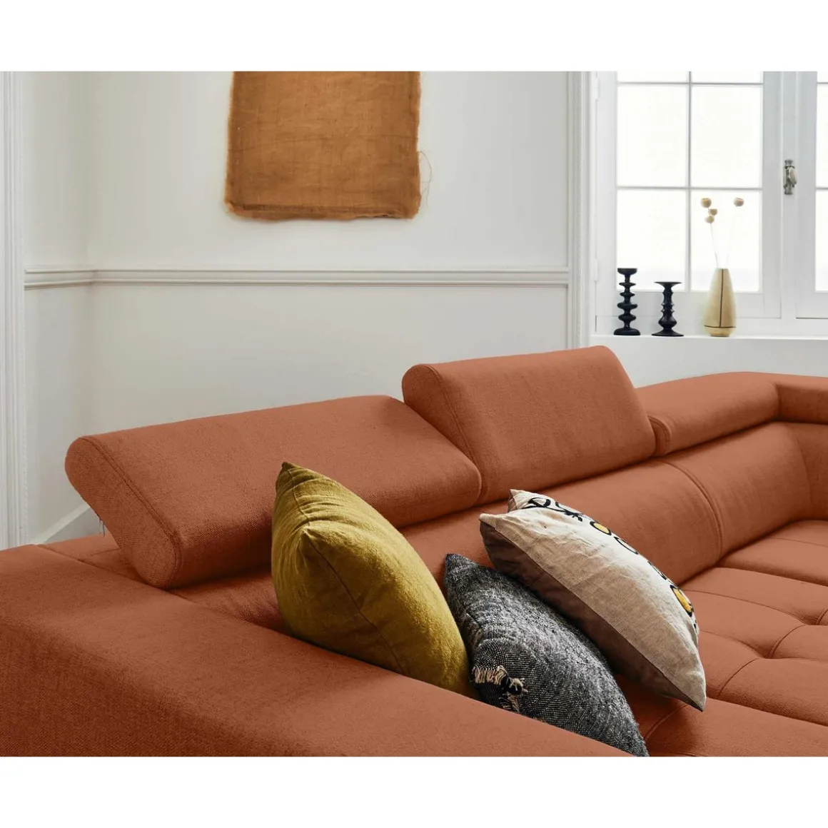 Olinda - canapé d'angle droit - 5 places - convertible avec coffre et têtières réglables - en tissu