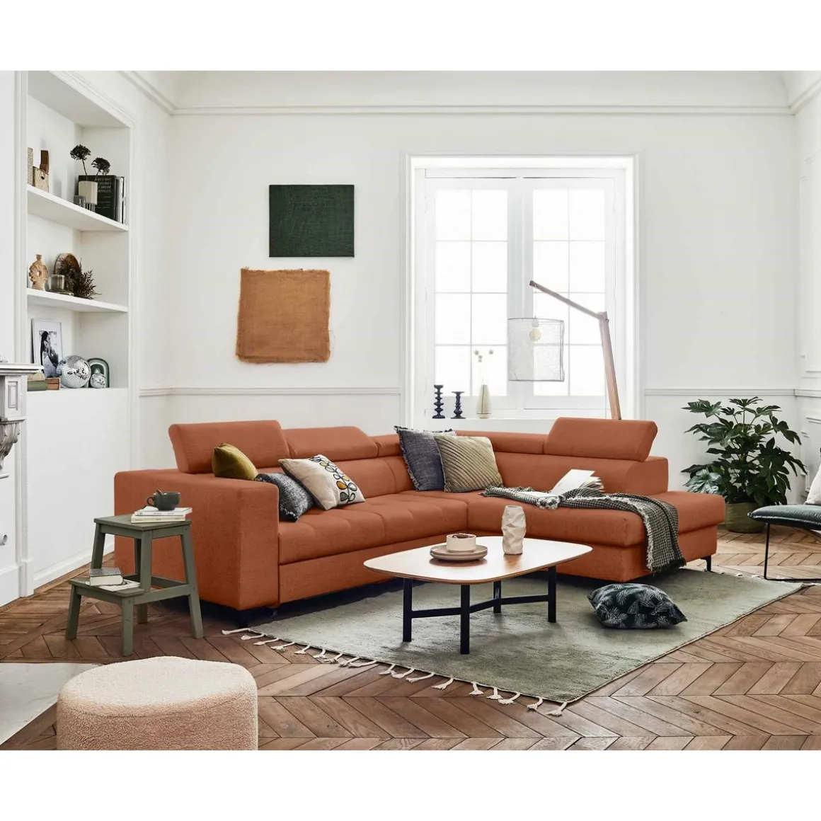 Olinda - canapé d'angle droit - 5 places - convertible avec coffre et têtières réglables - en tissu