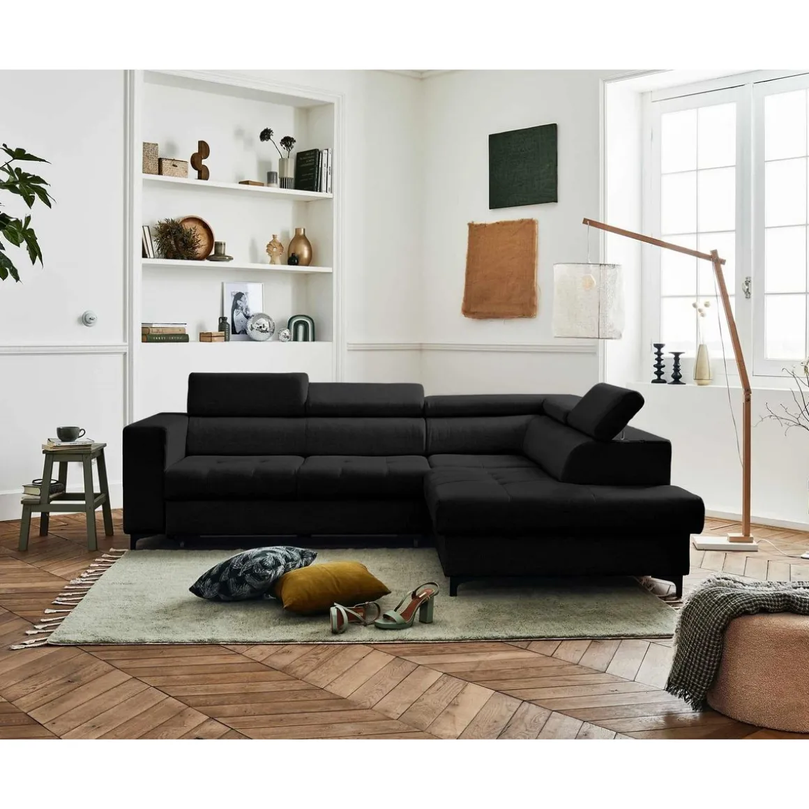 Olinda - canapé d'angle droit - 5 places - convertible avec coffre et têtières réglables - en tissu