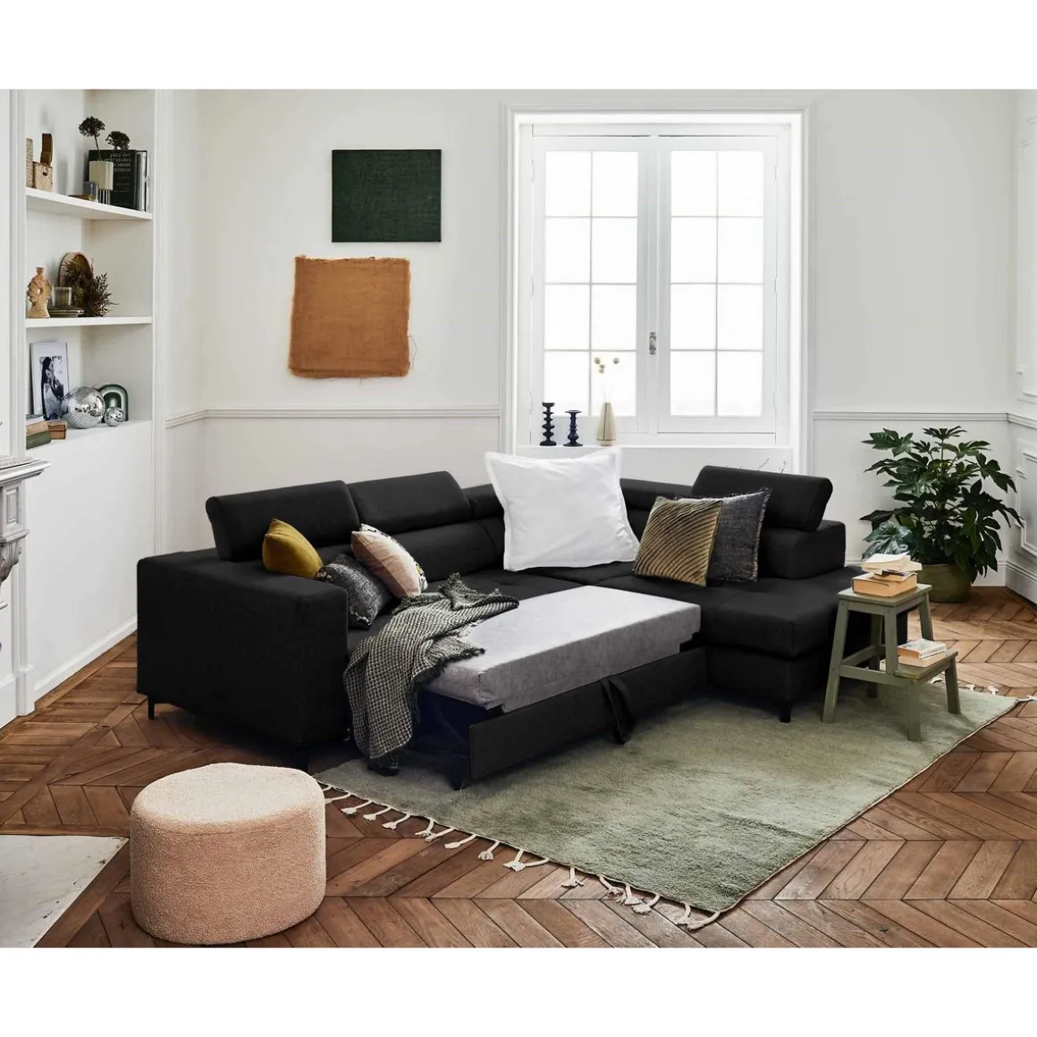 Olinda - canapé d'angle droit - 5 places - convertible avec coffre et têtières réglables - en tissu