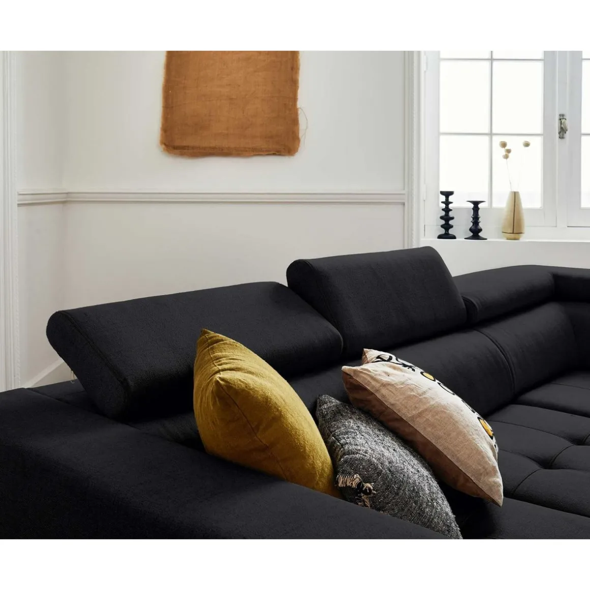 Olinda - canapé d'angle droit - 5 places - convertible avec coffre et têtières réglables - en tissu