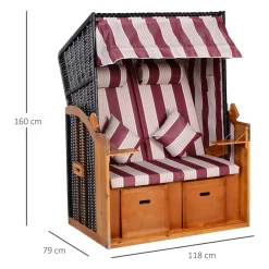 Outsunny Corbeille de plage 2 places pliable - Cabine chaise de plage inclinable - abri plage strandkorb - coussins, repose-pieds, tablettes, pare-soleil - bois résine tressée polyester beige bordeaux