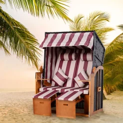 Outsunny Corbeille de plage 2 places pliable - Cabine chaise de plage inclinable - abri plage strandkorb - coussins, repose-pieds, tablettes, pare-soleil - bois résine tressée polyester beige bordeaux