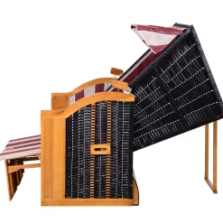 Outsunny Corbeille de plage 2 places pliable - Cabine chaise de plage inclinable - abri plage strandkorb - coussins, repose-pieds, tablettes, pare-soleil - bois résine tressée polyester beige bordeaux