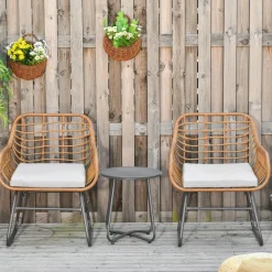 Outsunny Ensemble bistro de jardin 2 places 3 pièces style exotique 2 fauteuils + table basse résine tressée beige acier époxy gris