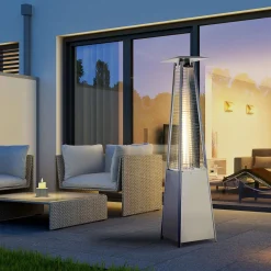 Outsunny Parasol chauffant pyramide 10,5 kW - chauffage d'extérieur gaz - chauffage de terrasse - double sécurité - puissance réglable - roulettes, housse incluse - acier inox. gris métal