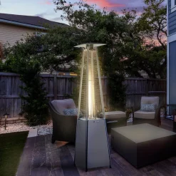 Outsunny Parasol chauffant pyramide 10,5 kW - chauffage d'extérieur gaz - chauffage de terrasse - double sécurité - puissance réglable - roulettes, housse incluse - acier inox. gris métal