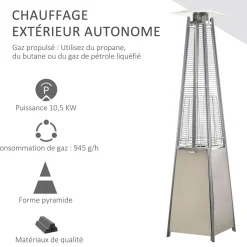 Outsunny Parasol chauffant pyramide 10,5 kW - chauffage d'extérieur gaz - chauffage de terrasse - double sécurité - puissance réglable - roulettes, housse incluse - acier inox. gris métal