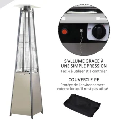 Outsunny Parasol chauffant pyramide 10,5 kW - chauffage d'extérieur gaz - chauffage de terrasse - double sécurité - puissance réglable - roulettes, housse incluse - acier inox. gris métal