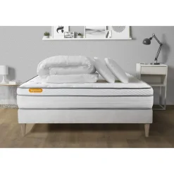 Pack matelas + sommier kit blanc Memo Luxe Ressorts ensachés + mémoire de forme + Couette + 2 oreillers