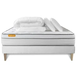 Pack matelas + sommier kit blanc Memo Luxe Ressorts ensachés + mémoire de forme + Couette + 2 oreillers