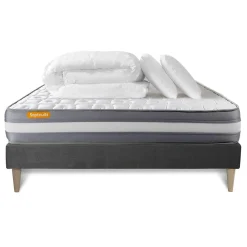 PACK matelas + sommier kit gris Memo Plus Mémoire de forme + 2 oreillers + couette