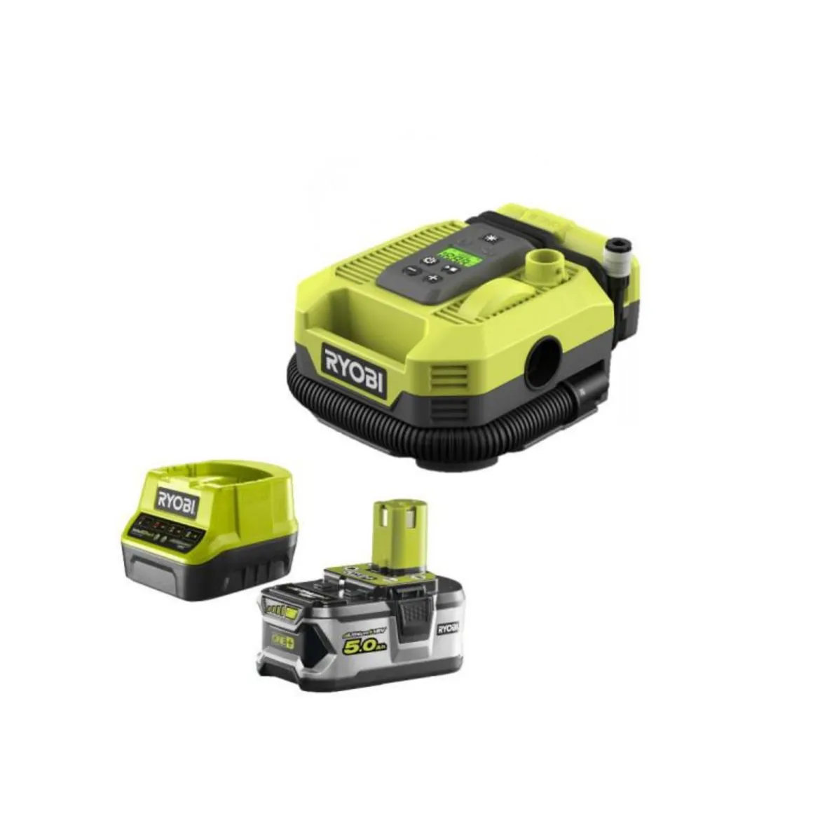 Pack RYOBI gonfleur compresseur 18V R18MI-0 - 1 batterie 5.0Ah - 1 chargeur rapide RC18120-150