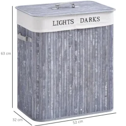 Panier à linge corbeille à linge 2 bacs bambou pliable couvercle poignée sac amovible en toile gris