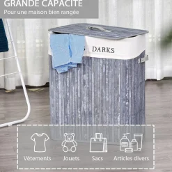 Panier à linge corbeille à linge 2 bacs bambou pliable couvercle poignée sac amovible en toile gris