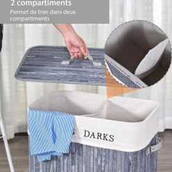 Panier à linge corbeille à linge 2 bacs bambou pliable couvercle poignée sac amovible en toile gris