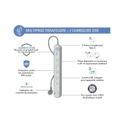 Parafoudre Lite 5 prises + USB A+C 800J 1.5m EU
