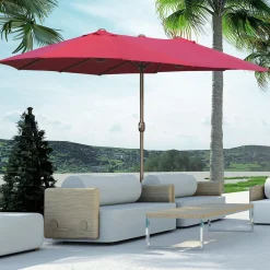 Parasol de jardin XXL dim. 4,6L x 2,7l x 2,4H m ouverture fermeture manivelle pied & contrepoids inclus acier polyester haute densité bordeaux