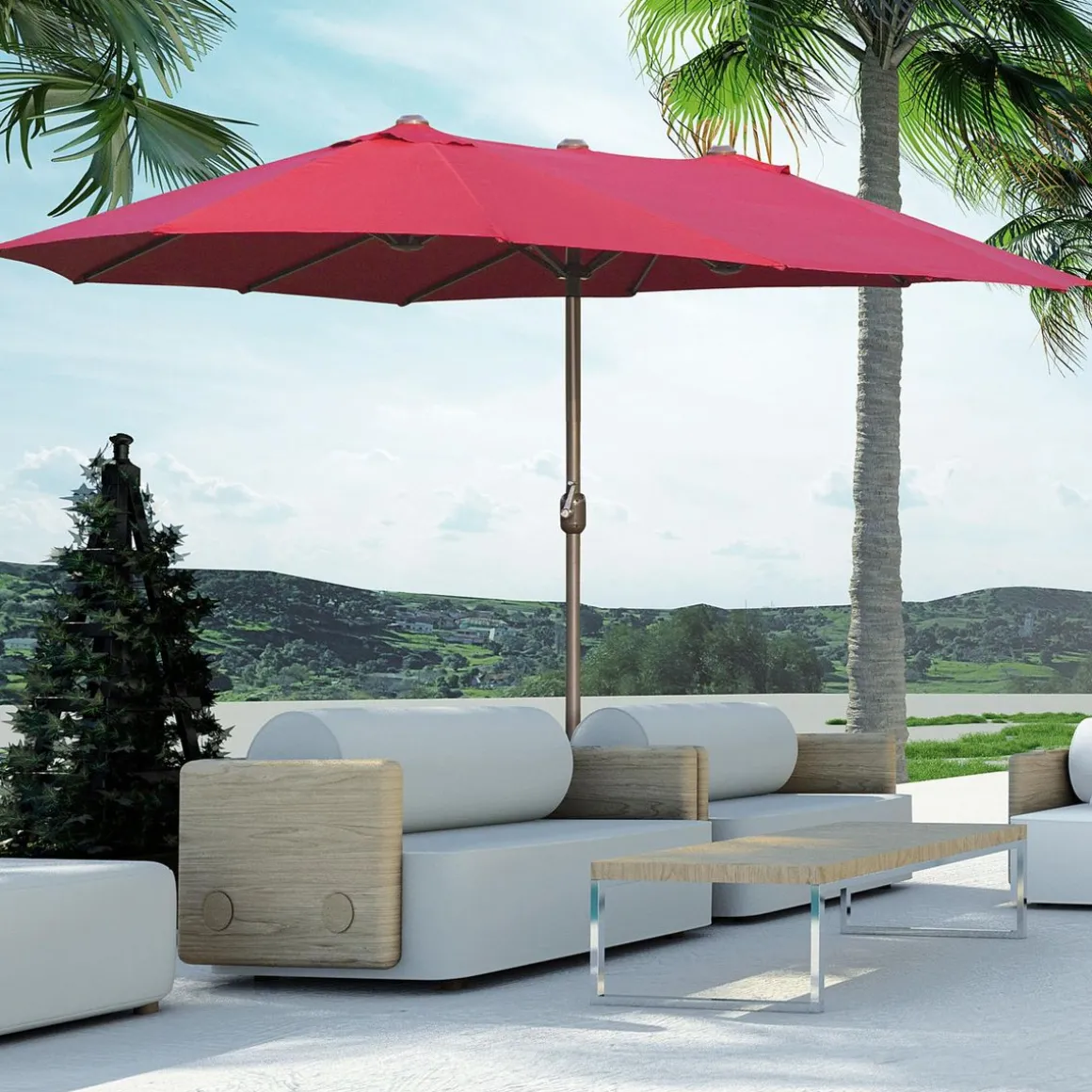 Parasol de jardin XXL dim. 4,6L x 2,7l x 2,4H m ouverture fermeture manivelle pied & contrepoids inclus acier polyester haute densité bordeaux