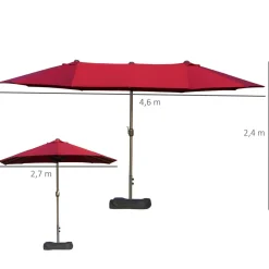 Parasol de jardin XXL dim. 4,6L x 2,7l x 2,4H m ouverture fermeture manivelle pied & contrepoids inclus acier polyester haute densité bordeaux
