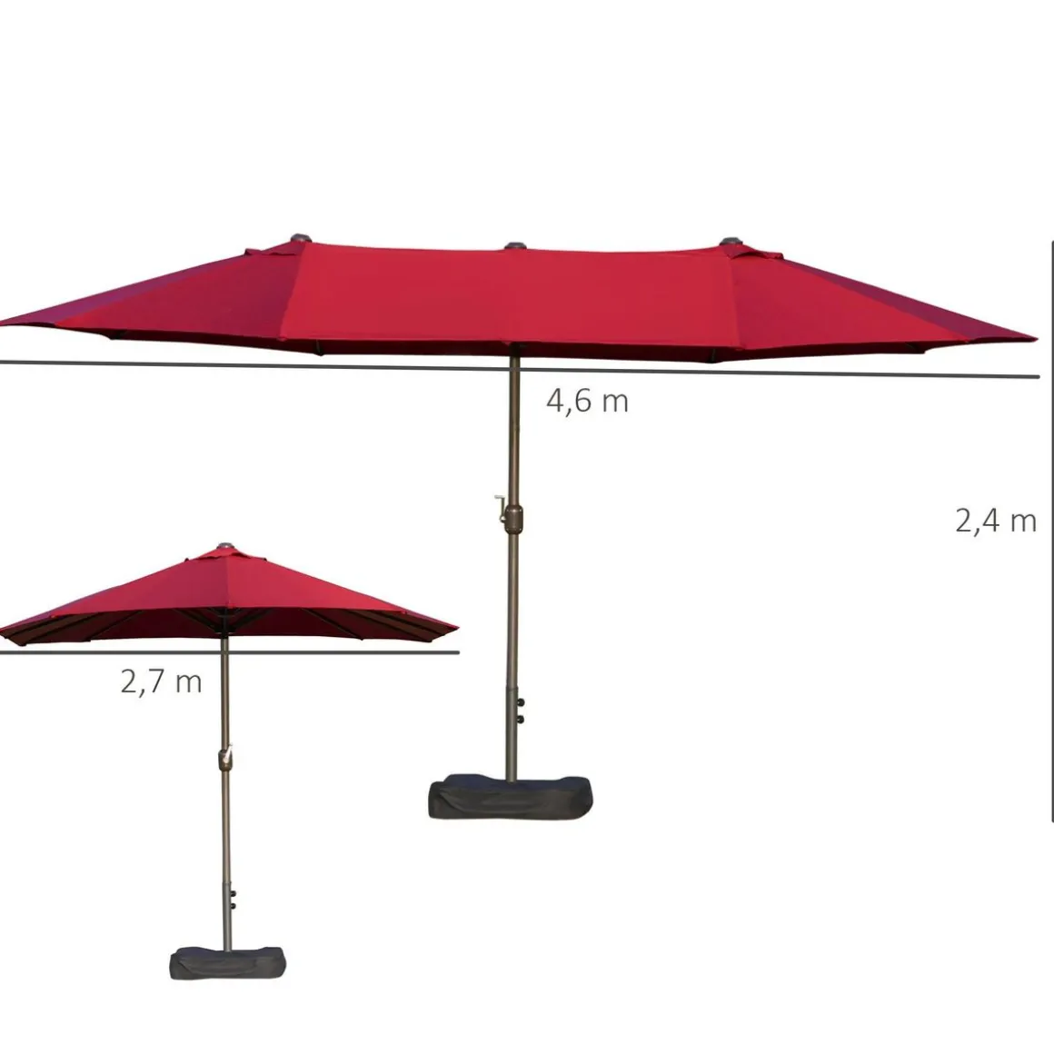 Parasol de jardin XXL dim. 4,6L x 2,7l x 2,4H m ouverture fermeture manivelle pied & contrepoids inclus acier polyester haute densité bordeaux