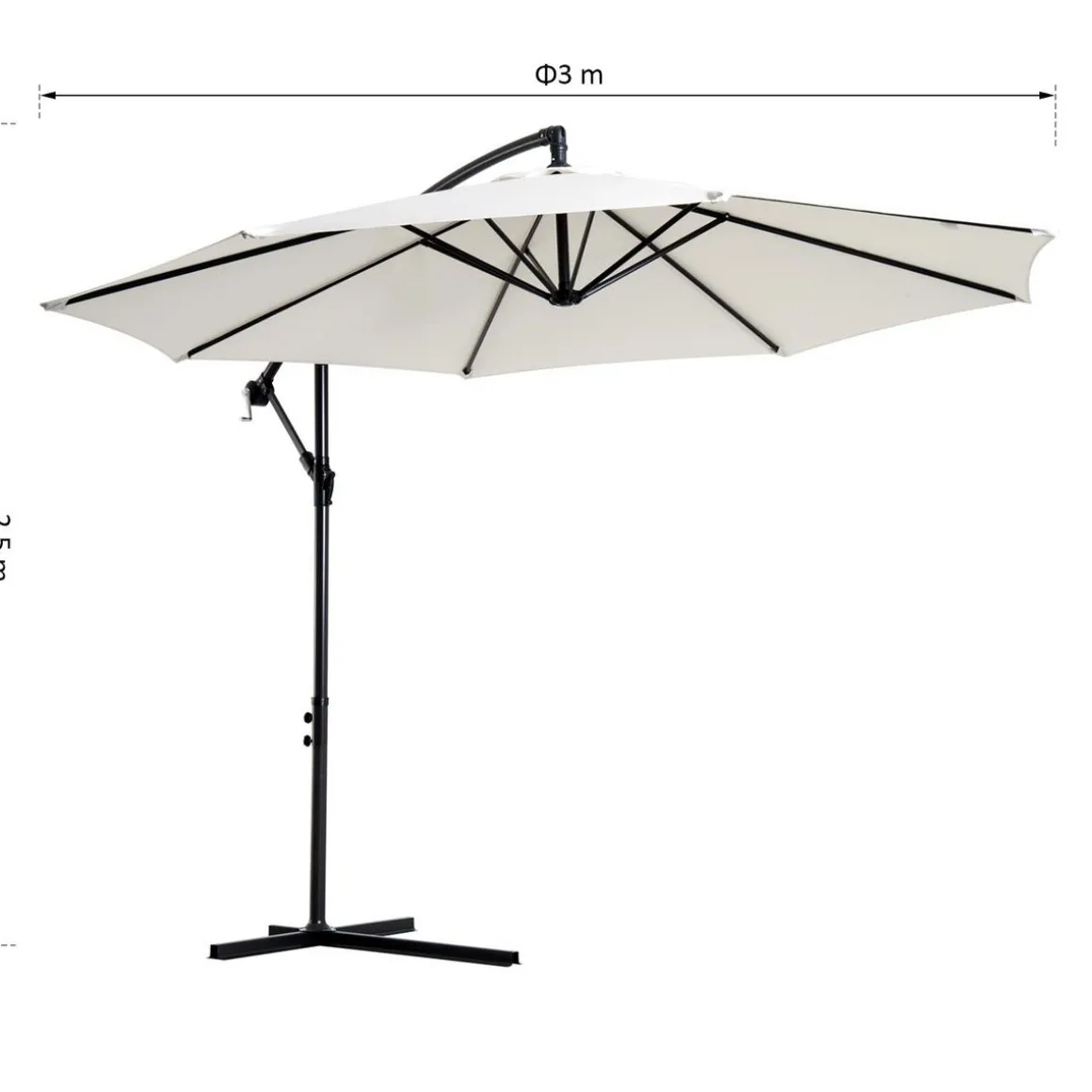 Parasol déporté octogonal inclinable manivelle pied acier Ø 3 x 2,5H m crème