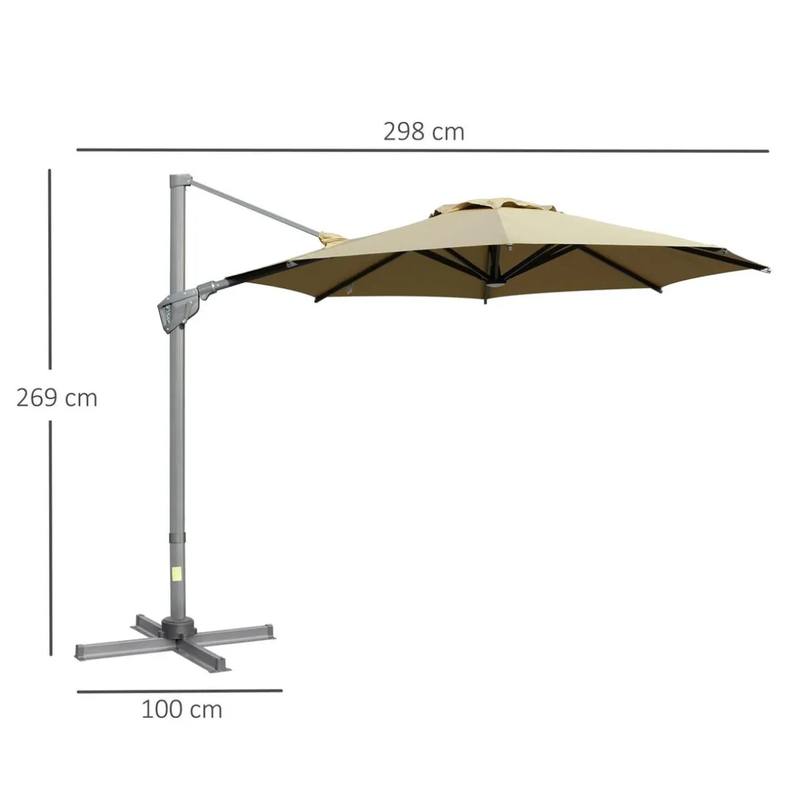 Parasol déporté octogonal inclinable pivotant 360° manivelle dim. 3L x 3l x 2,5H m alu. acier époxy polyester kaki