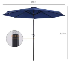 Parasol en métal rond polyester 180g/m² manivelle inclinable Ø 3 x 2,45 m bleu