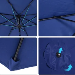 Parasol en métal rond polyester 180g/m² manivelle inclinable Ø 3 x 2,45 m bleu