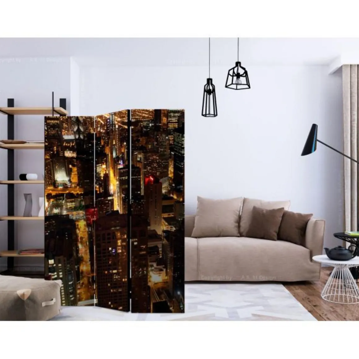 Paravent 3 Volets City By Night Chicago USA 135x172cm